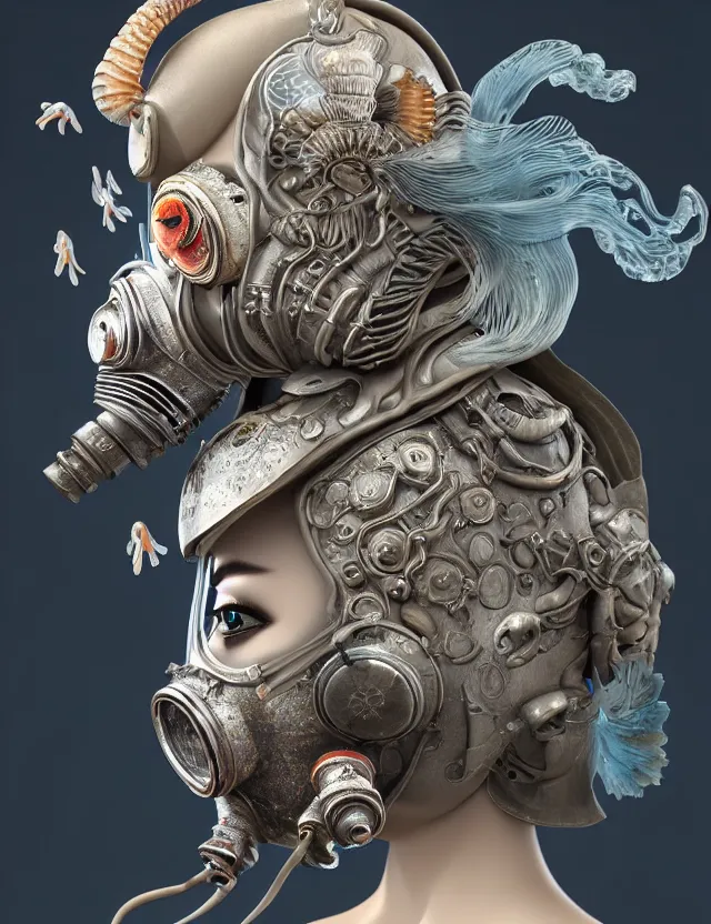 Image similar to 3 d goddess close - up profile portrait with vintage gas mask ram skull. beautiful intricately detailed japanese crow kitsune mask and clasical japanese kimono. betta fish, jellyfish phoenix, bio luminescent, plasma, ice, water, wind, creature, artwork by tooth wu and wlop and beeple and greg rutkowski