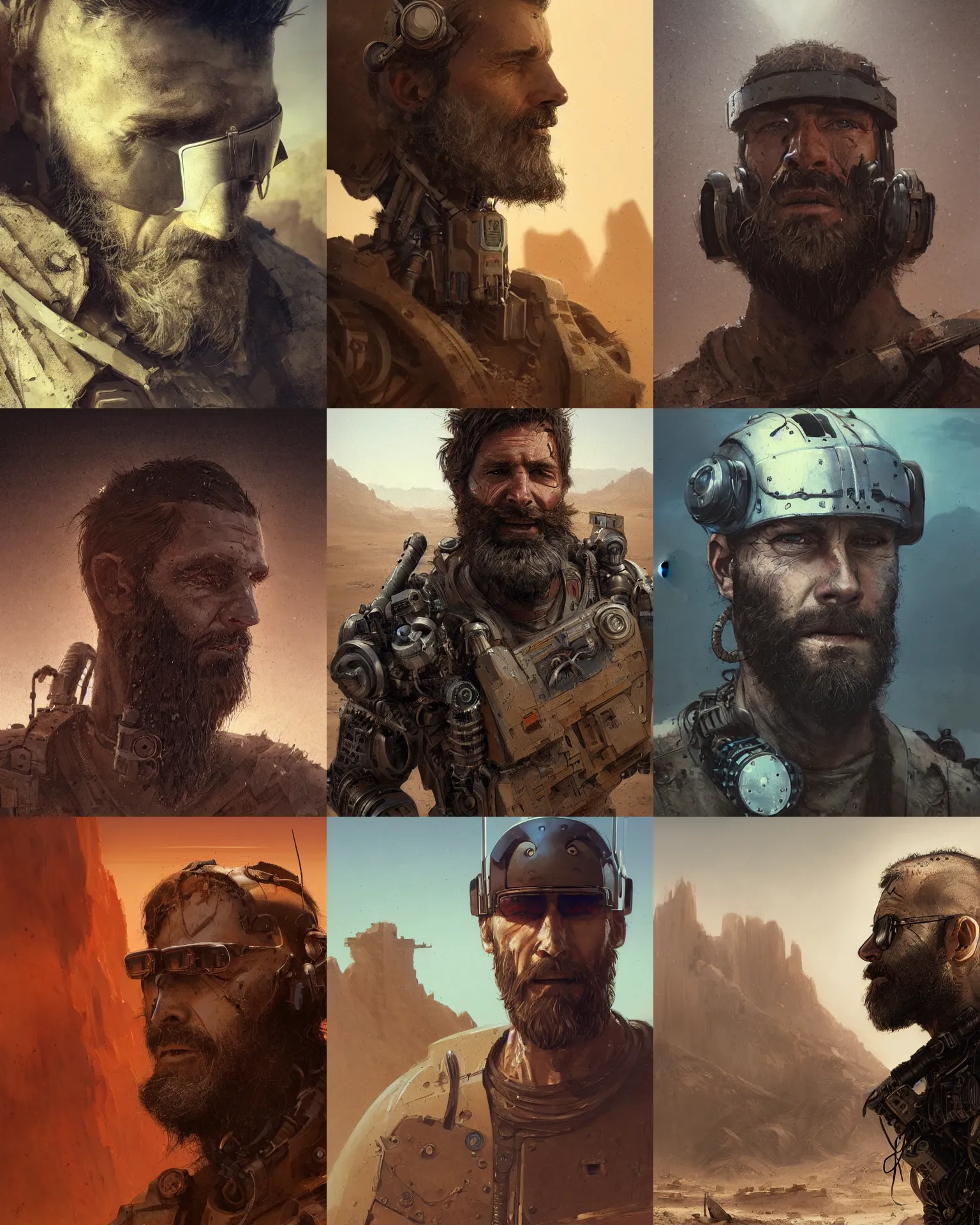 Image similar to a bearded rugged mercenary man with cybernetic enhancements lost in the desert, scifi character portrait by greg rutkowski, esuthio, craig mullins, 1 / 4 headshot, cinematic lighting, dystopian scifi gear, gloomy, profile picture, mechanical, half robot, implants, steampunk