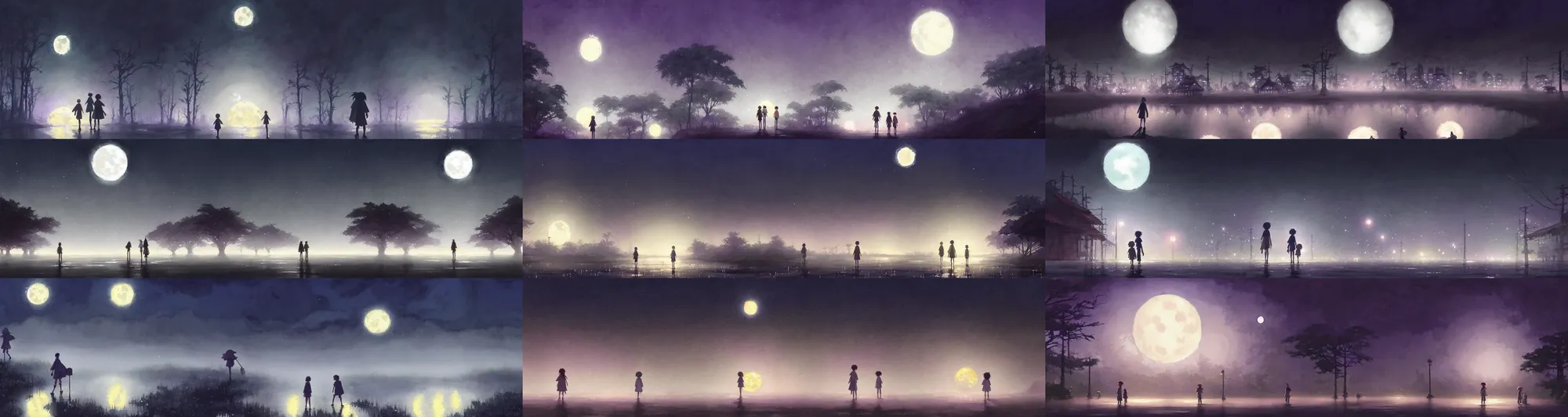 Prompt: a wholesome animation key shot of a deep random muddy foggy floor nighttime panorama with giant moon, studio ghibli, pixar and disney animation, sharp, rendered in gouache painting, anime gouache key art by greg rutkowski, bloom, dramatic, dynamic lighting