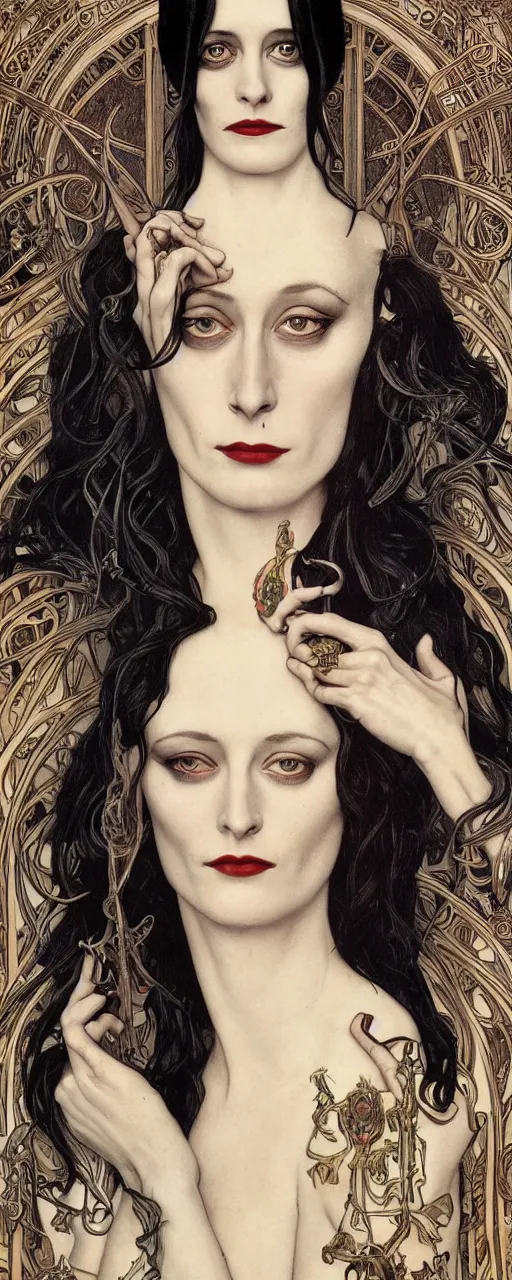 Prompt: stunning hyperdetailed art nouveau portrait of eva green wednesday addams and anjelica huston as the mythological 3 witches, by chris achilleos, michael kaluta and alphonse mucha, photorealism, extremely beautiful, perfect symmetrical facial features, perfect anatomy, strong confident eyes, eldritch powers, witchcraft, magic energy