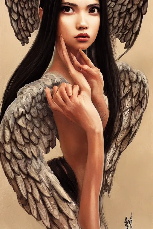 Image similar to a professional painting of a beautiful fallenangel geisha , olive skin, long dark hair, beautiful bone structure, symmetrical facial features, intricate, elegant, digital painting, concept art, smooth, sharp focus, illustration, by Ruan Jia and vitaly bulgarov and andrew nash and and Mandy Jurgens and musha and Artgerm and William-Adolphe Bouguerea