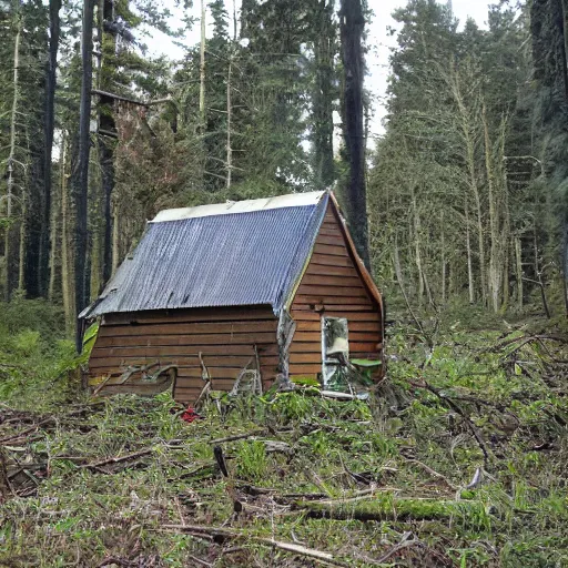 Prompt: a destroyed shed in the middle of the forest