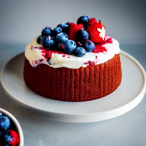 Prompt: A photo of a cake from the side with cream on the sides and strawberries, raspberries and blueberries in circles on top. Sun in back. 4K. Cinematic lighting. High detail. Realistic. Delicious