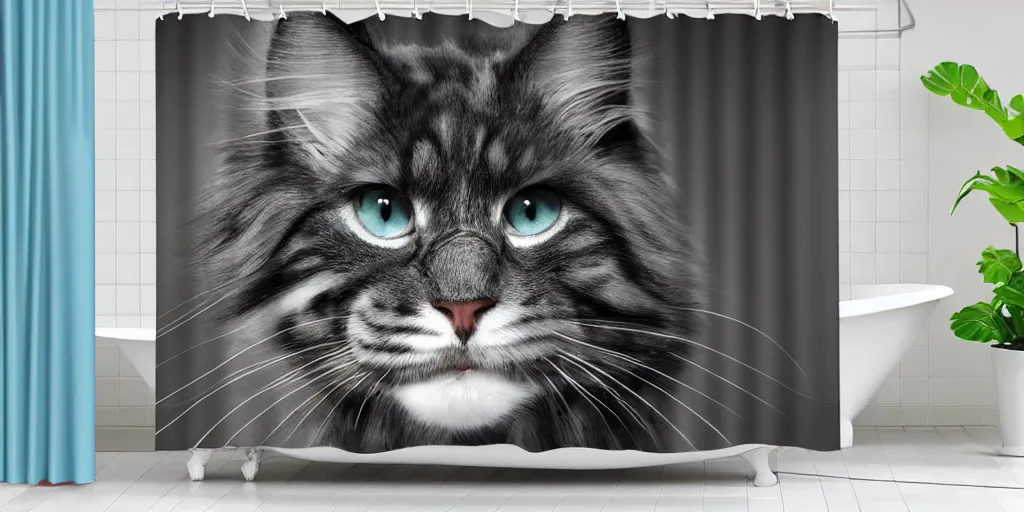 Prompt: a maine coon kitten artwork themed shower curtain, shower curtain. digital art. product photography. product lighting. 4 k, highly detailed. saturated. toy story ( film ).