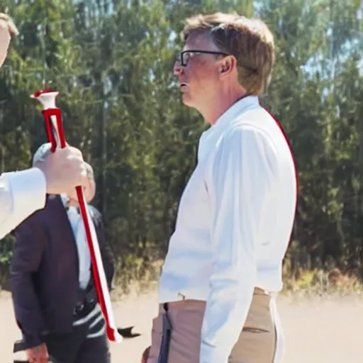 Prompt: film still of elon musk dueling bill gates with a fencing saber, epic cinematic