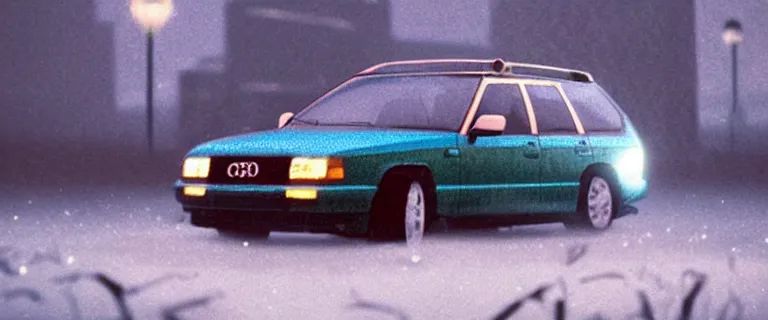 Image similar to Aqua Metallic Audi 80 RS 2 Avant (1995), black car, a gritty neo-noir, dramatic lighting, cinematic, establishing shot, extremely high detail, photorealistic, cinematic lighting, artstation, by simon stalenhag, Max Payne (PC) (2001) winter new york at night, flashing lights, Poets of the Fall - Late Goodbye