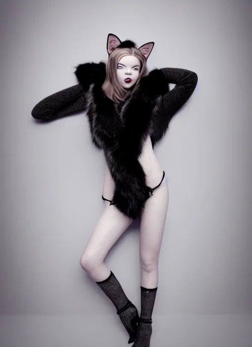 Prompt: full body environmental portrait photo of dressed catgirl anya taylor - joy, cat ears made from fur, glamour shot by gemmy woud - binnendijk, chris knight, photorealistic, canon r 3, fashion photography, elegant, luxury and elite, symmetry, octane render, unreal engine, solid dark grey background, dramatic lights, high fashion journal cover