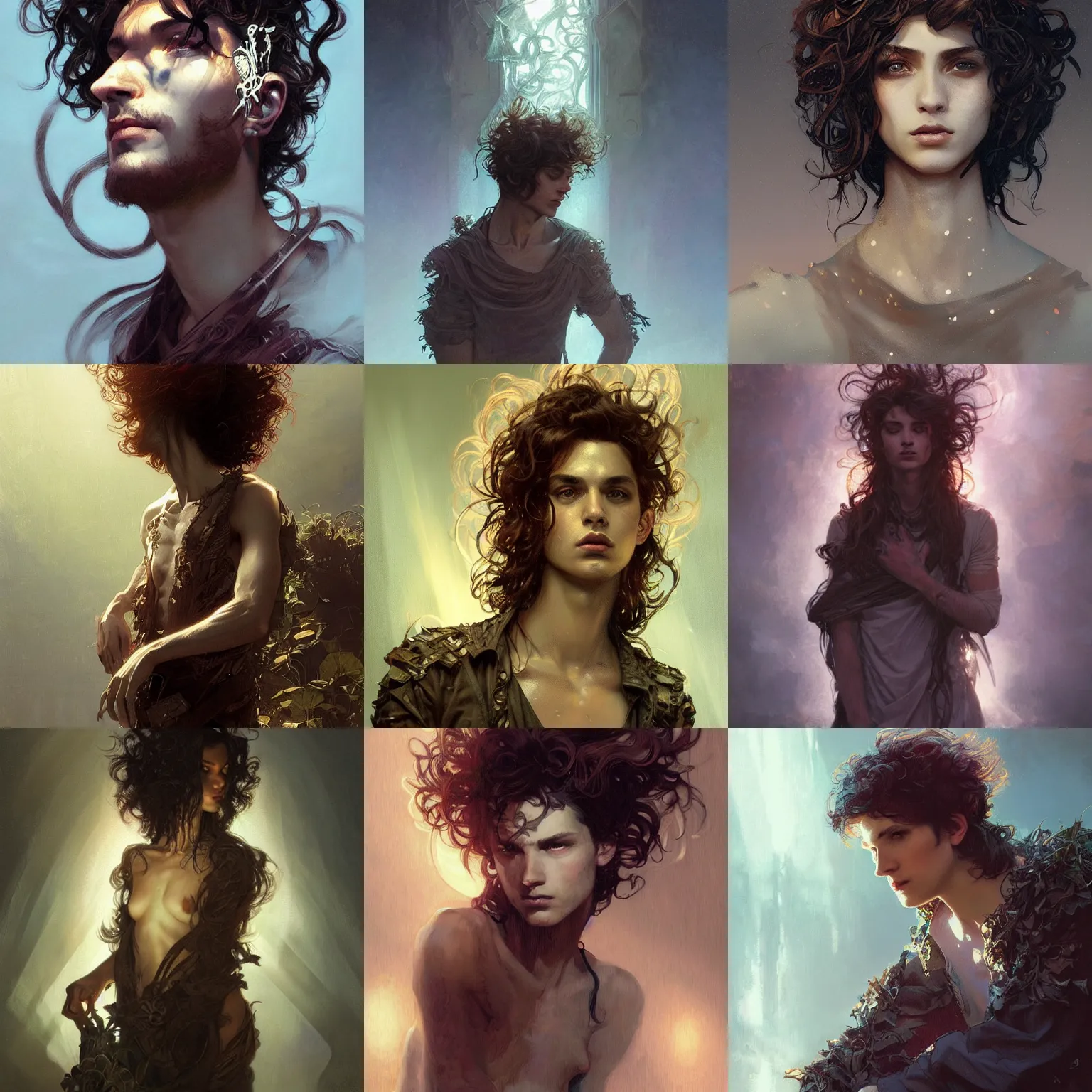 Prompt: young punk rock man with dark brown waist length curly hair and glowing halo, ethereal, dramatic lighting, fantasy, intricate, elegant, highly detailed, digital painting, artstation, concept art, smooth, sharp focus, illustration, art by Krenz Cushart and Artem Demura and alphonse mucha