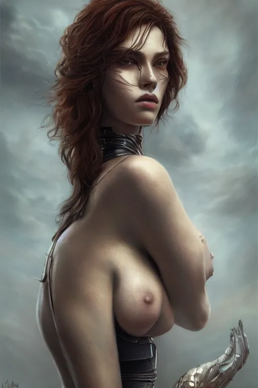 Image similar to ultra realist and ultra intricate detailed soft painting of a beautiful slim curvy female beast covered by a bodysuit, thin lustrous auburn hair fur, symmetry features, sensual gloomy style, soft painting, volumetric clouds, cyberpunk background, artstation, Tom Bagshaw artstyle, unreal render, depth of field