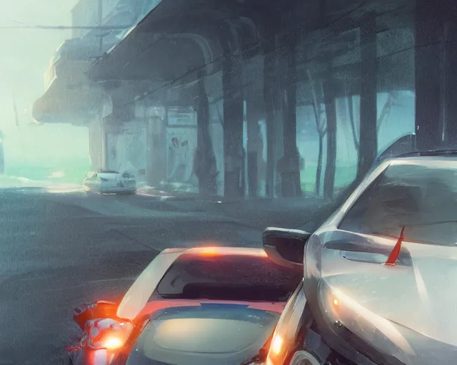 Image similar to a brunnete girl with blue eyes and puffy cheeks driving a car, car accident, close up shot from the back of the car, anime art, Greg Rutkowski, studio ghibli, dramatic lighting