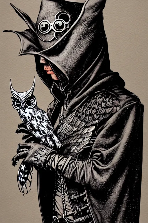 Image similar to side view of a hooded steampunk alchemist wizard holding his majestic owl on glove, high details, bold line art, by vincent di fate and joe fenton, inking, etching, screen print, masterpiece, trending on artstation, sharp, high contrast, hyper - detailed,, hd, 4 k, 8 k