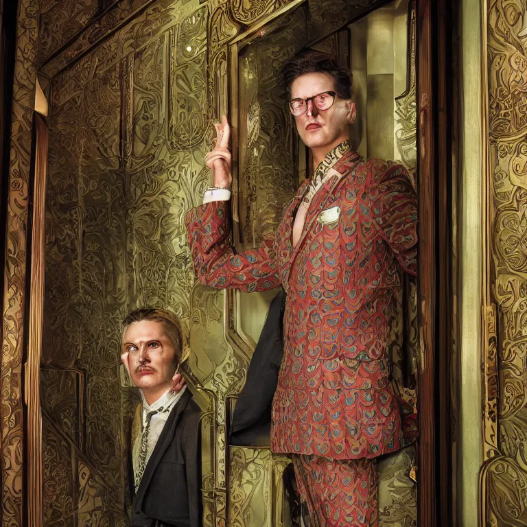 Prompt: vogue professional octane render portrait by wayne barlow and carlo crivelli and glenn fabry, a sinister man in a bright colorful patterned pastel wes anderson elevator operator costume inside a dark and moody vintage elevator in a high - end exotic vintage boutique hotel, very short depth of field, bokeh