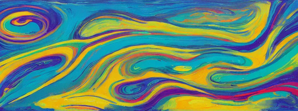 Image similar to Psychedelic sci-fi dreamworld. Landscape painting. Organic. Winding rushing water. Waves. Clouds. Wayne Thiebaud. Peter Max.