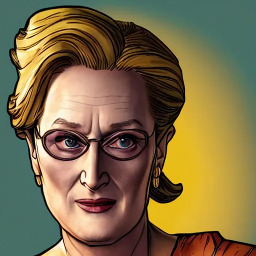 Image similar to meryl streep portrait, borderlands, tales from the borderlands, the wolf among us, comic, cinematic lighting, studio quality, 8 k