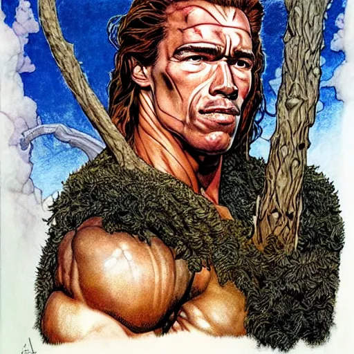 Prompt: a realistic, very beautiful and atmospheric portrait of young arnold schwarzenegger as a druidic warrior wizard looking at the camera with an intelligent gaze by rebecca guay, michael kaluta, charles vess and jean moebius giraud