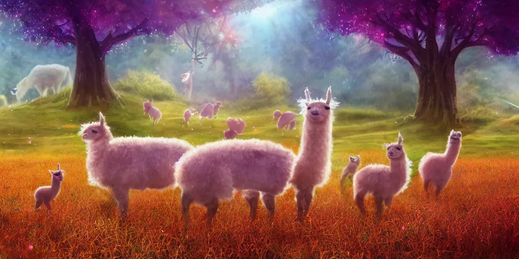 Image similar to magical fairy alpacas frolicking in a field, autumn, sparkles, light beams, photorealistic, hyperrealistic, fantasy, 8 k, trending on artstation