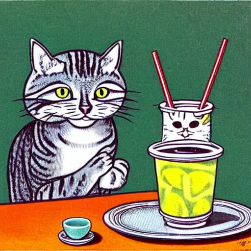 Image similar to a gray tabby cat, with a white nose, drinking boba tea with a straw - by louis wain. highly detailed. cute.