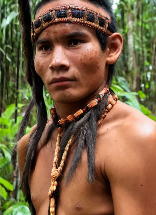 Prompt: a young indigenous amazon man about to go through a rite of passage