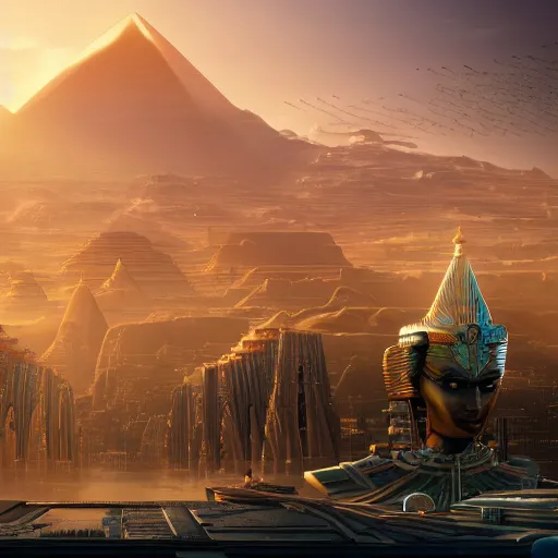 Prompt: a scene of a beautiful intricate epic futuristic pharaoh city with a cyber sphynx and hovering chariots taken from a distance, minimalist, cinematic lighting