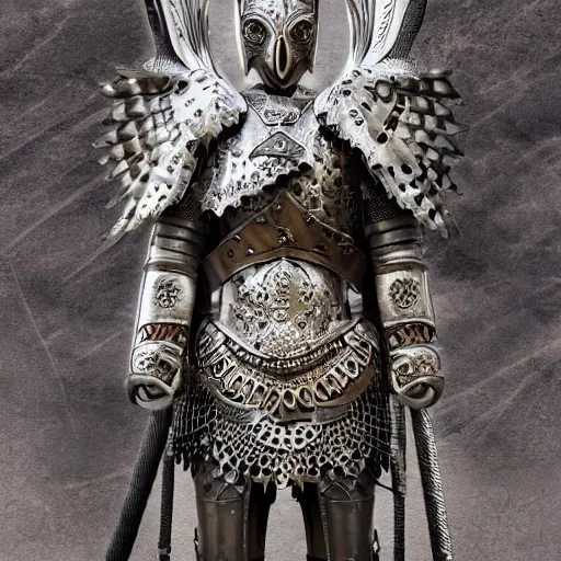 Prompt: warrior with metal ornate owl armour, highly detailed, 4k, HDR, smooth, sharp focus, hyper realistic, high resolution, award-winning photo