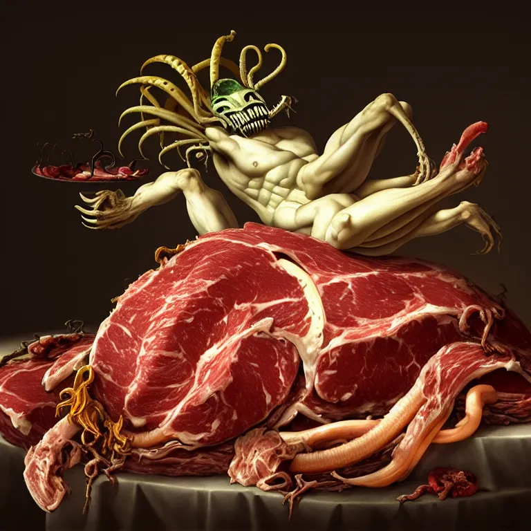 Image similar to still life of rotten meat flesh white xenomorph beautiful tropical flowers human spine colorful mold baroque painting, beautiful detailed intricate insanely detailed octane render, 8K artistic photography, photorealistic, chiaroscuro, Raphael, Caravaggio