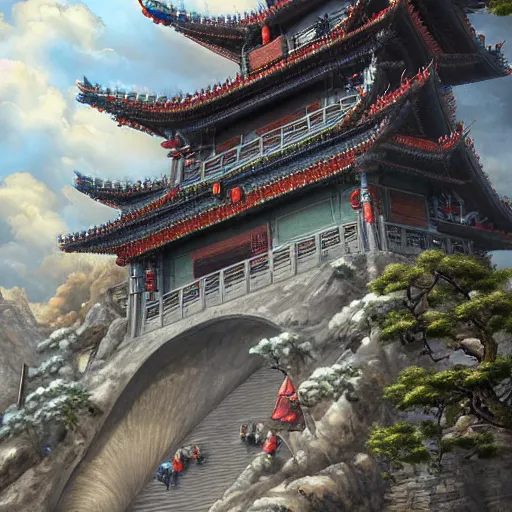 Image similar to dynamic composition, motion, ultra-detailed, incredibly detailed, a lot of details, amazing fine details and brush strokes, colorful and grayish palette, smooth, HD semirealistic anime CG concept art digital painting, watercolor oil painting of epic castle gate, from Three Kingdoms, by a Chinese artist at ArtStation, by Huang Guangjian, Fenghua Zhong, Ruan Jia, Xin Jin and Wei Chang. Realistic artwork of a Chinese videogame, gradients, gentle an harmonic grayish colors.