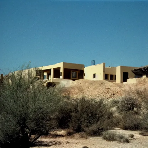 Prompt: a photo of a desert villa in 1 9 7 5