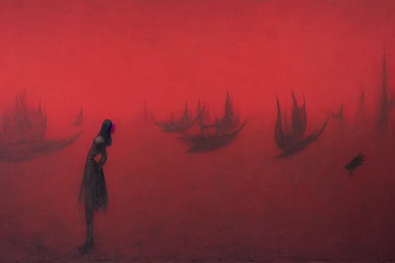 Image similar to only with red, a red dystopic knight, venice, flock of birds in the red sky, in the style of beksinski, parts by edward hopper, parts by rodcenko, parts by yue minjun, intricate and epic composition, red by caravaggio, insanely quality, highly detailed, masterpiece, red light, artstation, 4 k