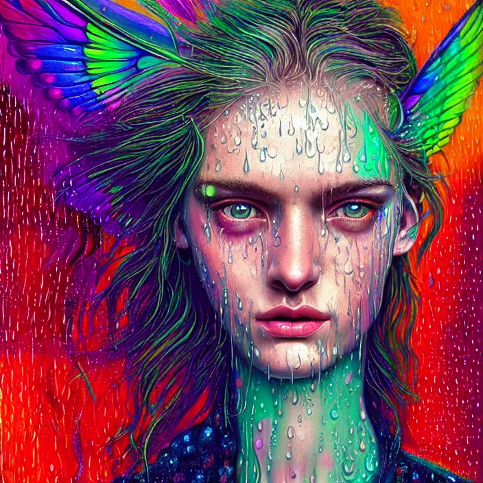 Image similar to bright psychedelic portrait with rain on face and wet hair, wings, smiling, diffuse lighting, fantasy, intricate, elegant, highly detailed, lifelike, photorealistic, digital painting, artstation, illustration, concept art, smooth, sharp focus, art by John Collier and Albert Aublet and Krenz Cushart and Artem Demura and Alphonse Mucha