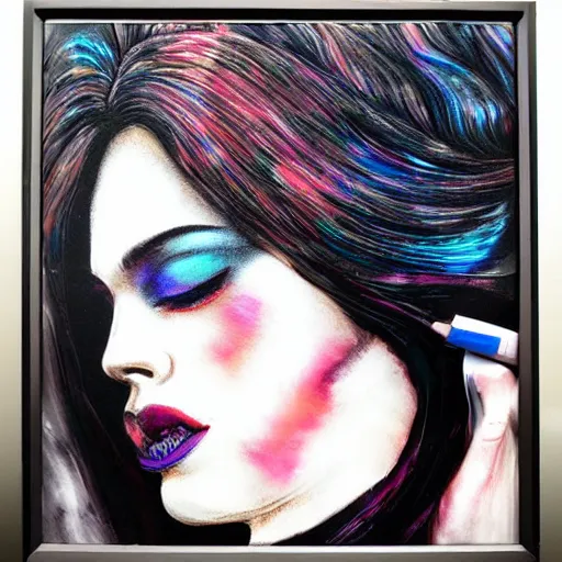 Prompt: liquid marble acrylic fluid paint, black ink, iridescent colours, beautiful female face