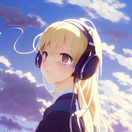 Prompt: painting of a cute girl wearing headphones in the style of violet evergarden, beautiful anime art style, winged eyelashes, countryside, calm, fantasy character portrait, dark outlines, dynamic pose, above view, sunny day, artwork by makoto shinkai, very coherent asymmetrical artwork, sharp edges, perfect face, simple form, 1 0 0 mm