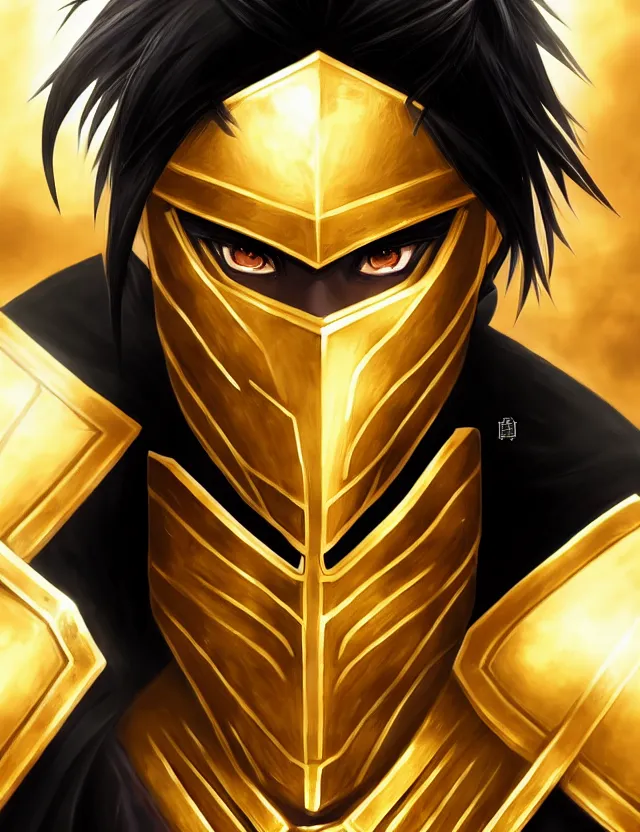 Image similar to a detailed manga portrait of a black haired man with hazel eyes in gleaming golden armour with arcane energy symbols in air around him, trending on artstation, digital art, 4 k resolution, detailed, high quality, sharp focus, hq artwork, coherent, insane detail, character portrait