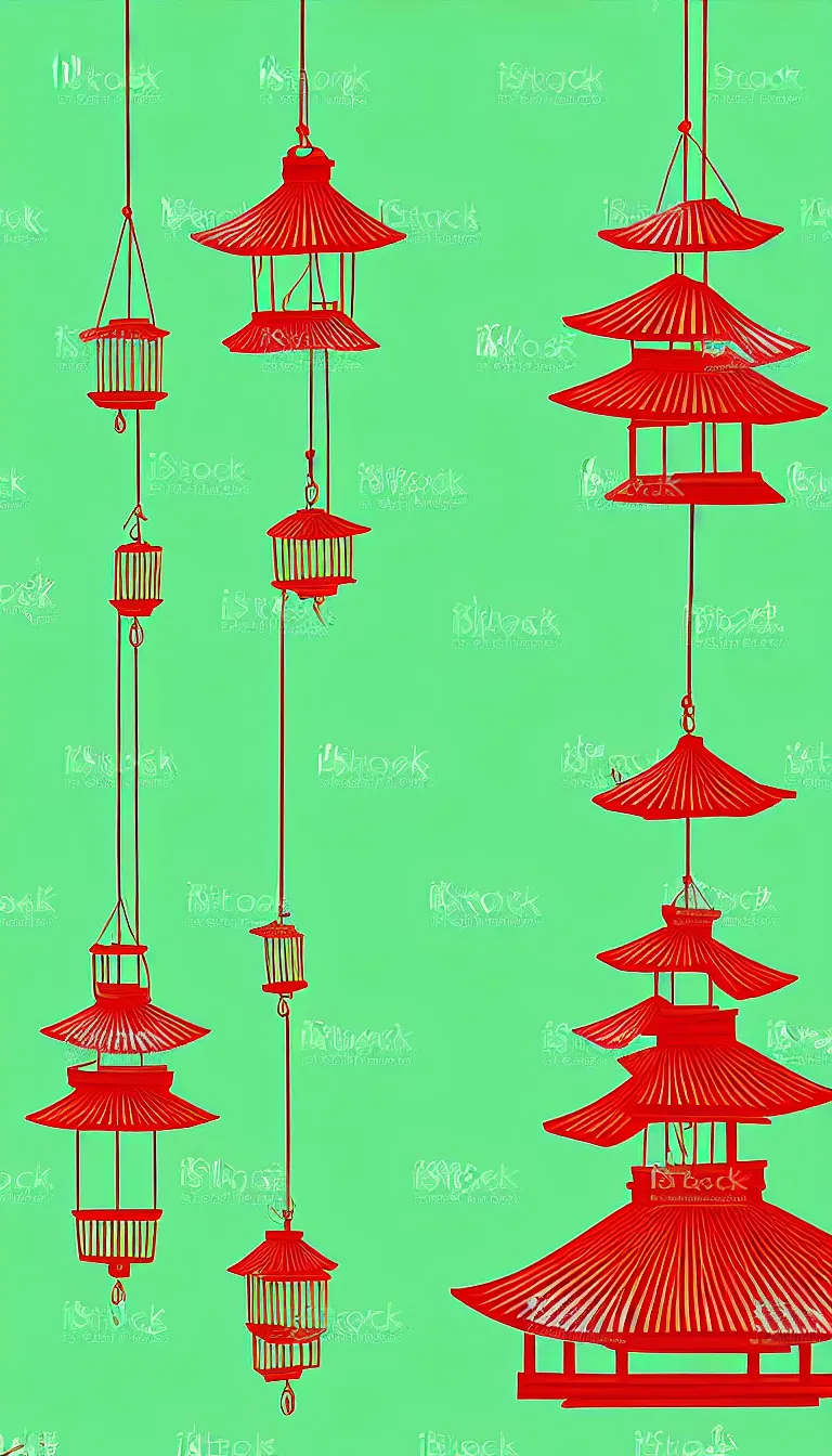 Prompt: pagoda, wind chimes, green tea, vector art