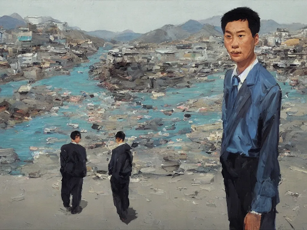 Image similar to ‘The Center of the World’ (Liu Xiaodong realist oil painting, large thick messy colorful brushstrokes, office worker from behind, next to a blue river and mountains) was filmed in Beijing in April 2013 depicting a white collar office worker. A man in his early thirties – the first single-child-generation in China. Representing a new image of an idealized urban successful booming China.