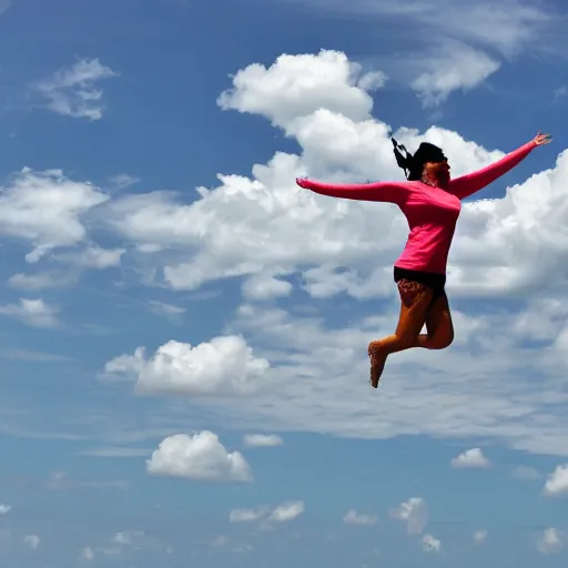 Prompt: a woman flying in the air holding on to a big thank you plastic bag over miami florida, no crop