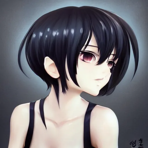 Prompt: beautiful anime girl art by yan gisuka, JeonSeok Lee, artgerm, Ross draws, zeronis, Chengwei Pan on artstation #short hair #black hair #black top #earrings #makeup #age 26 #lipstick #mysterious