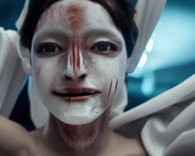 Prompt: a film still of a synthetic female human wrapped in white cloth, mouth agape, tribal facepaint, in neotokyo, cinematic lighting, high resolution, 4 k