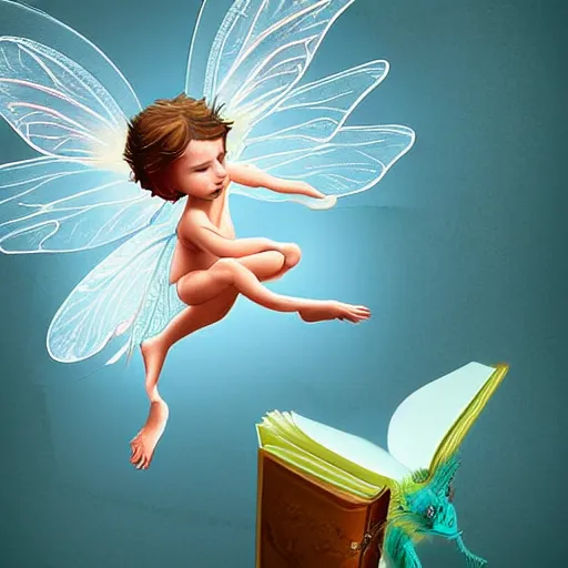 Prompt: a very small fairy with two legs flies above an open book, highly detailed, digital painting, sharp focus, fantasy art