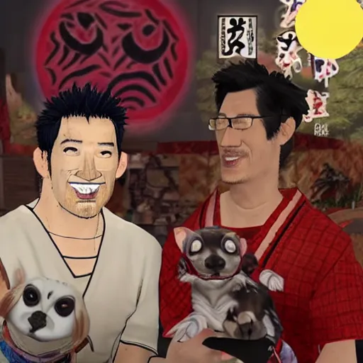 Prompt: Screenshot of the Markiplier character in the Playstation 2 game Okami. HDR, 4k, 8k, Okami being petted by the YouTuber Markiplier, who is looking at the camera while petting Okami. Very accurate depiction of Markiplier in Okami.