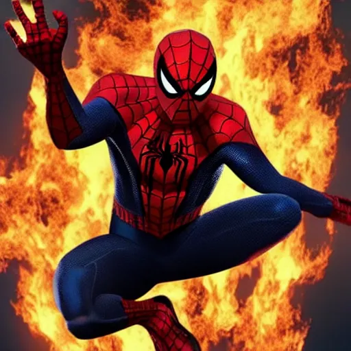 Image similar to spider - man as ghost rider, flaming skull, cgi style