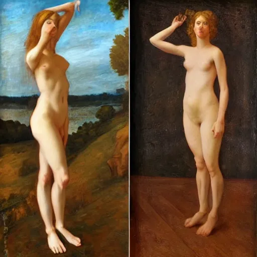 Image similar to skinny female artists standing in the style of realism, renaissance oil painting, tonalism, rococo, manga