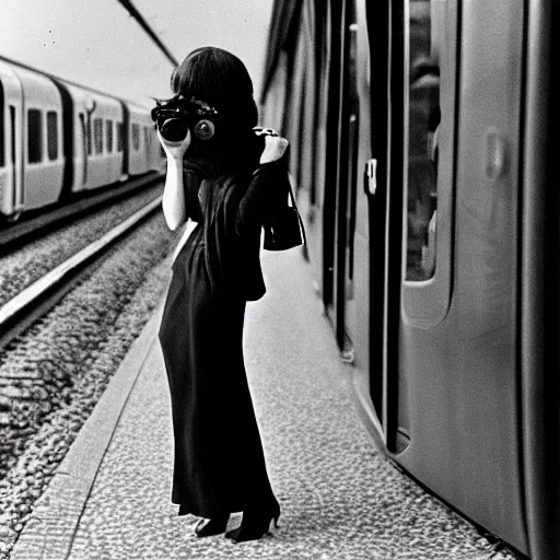 Prompt: a black haired woman gets annoyed by a train delay in germany, photography, magnum photography, hasselblad, large format