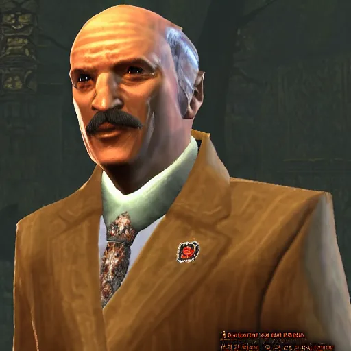 Image similar to Alexander Lukashenko wearing a suit and tie in Balmora in Elder Scrolls III: Morrowind, 2002 Morrowind graphics