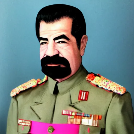 Image similar to rgb head shot of saddam hussein with a pink jacket, 8 k,