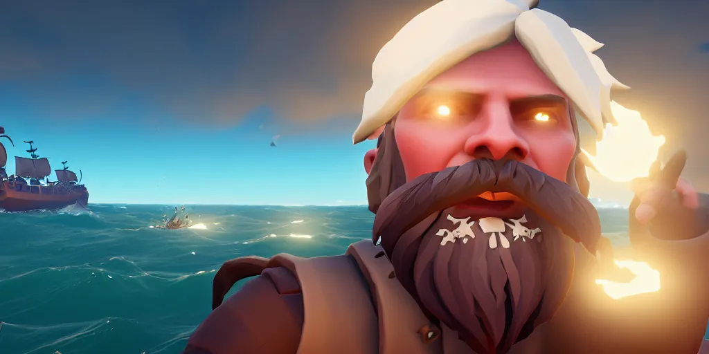 Prompt: selfie of a sea of thieves character, sea of thieves screenshot, storm, unreal engine, digital art, white beard, white hair, eye patch