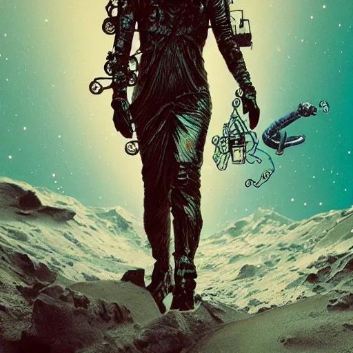 Prompt: the mummy astronaut walking in post-apocalyptic Neptune Hills, style hybrid mix of Jirí Petr+Romi Lerda+ Sandra Pelser,Yves Tanguy+ Alphonse Mucha+ Ernst Haeckel+ Edward Robert Hughes+Stanisław Szukalski , moody colors,diamond dust glitter and sparkles, holographic krypton ion,red eyes,octane render,4k, ighly detailed, hyperrealism, excellent composition, cinematic concept art, dramatic lighting, trending on ArtStation