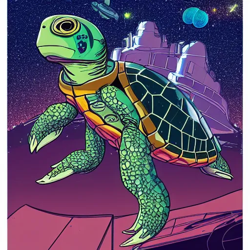 Prompt: a hyperealistic cowboy space outlaw turtle who is also an astronaut on a outlaw cowboy bebop style planet. The turtle is on a mission the city to track down an outlaw in exchange for a bounty. 35mm 4k wideshow spacescape cityscape IMAX