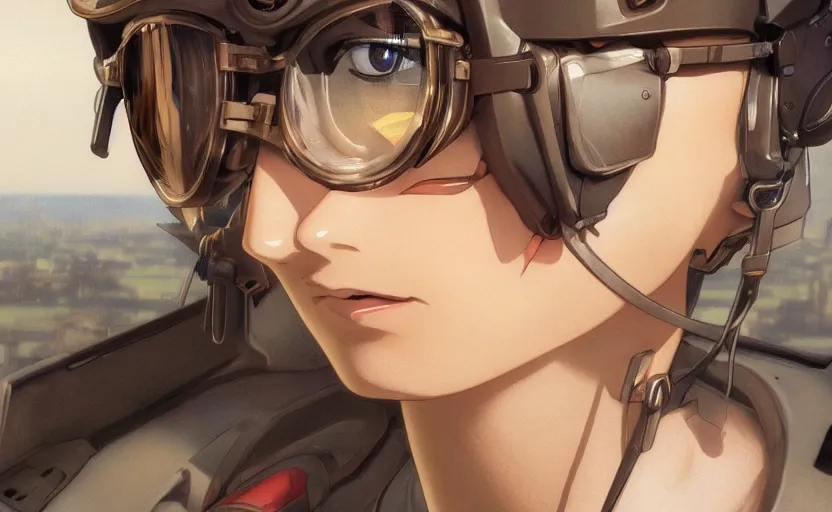 Image similar to a flying girl, fused aircraft parts, anime style, military pilot clothing, goggles, short hair, hair down, symmetrical facial features, from arknights, hyper realistic, 4 k, rule of thirds, extreme detail, detailed drawing, trending artstation, realistic lighting, by alphonse mucha, greg rutkowski, shoulder eyes, backlit