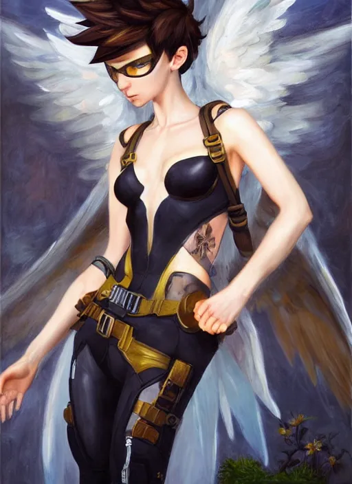 Prompt: oil painting of tracer overwatch in the style of sophie anderson, on knees, angel wings, black outfit, dramatic painting, wearing black choker,