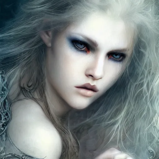 Image similar to beautiful nordic volva with blonde red wavy hair and clean eyes, soft flawless pale skin ultra - detailed face, dramatic dark lighting, hyperrealistic photo luis royo, wlop